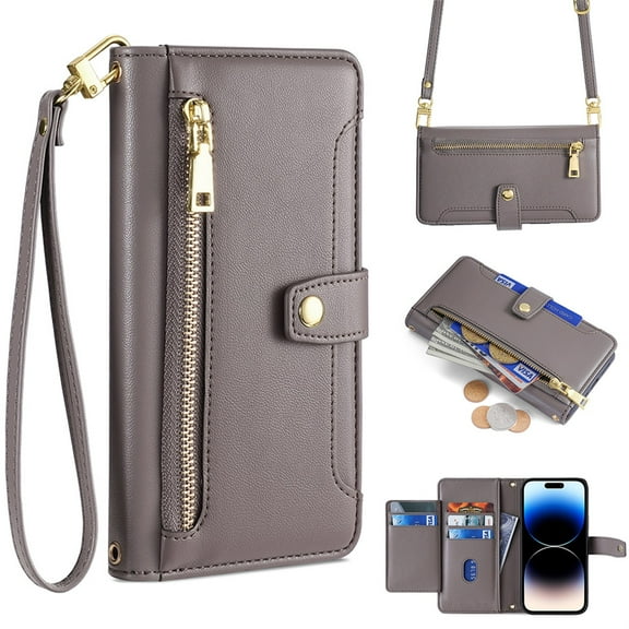 SaniMore for iPhone 14 Pro Max Case, with Kickstand [Shoulder & Wrist Strap] Flip Zipper Wallet Cash & Card Slots PU Leather TPU Interior Full Body Protection for iPhone 14 Pro Max, Gray