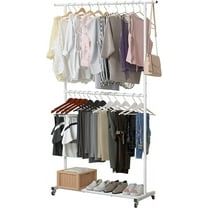 Double Rod Clothing Garment Rack, Rolling Clothes Organizer on Wheels for Hanging Clothes, Easy to Assemble, Adjustable, White