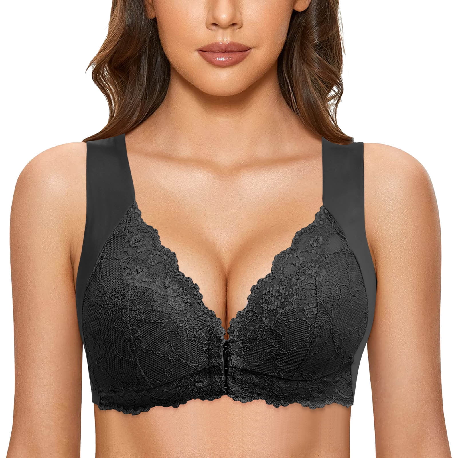 Aayomet Womens Bras Ring French Womens Front Close Bra T Back Plus Size  Seamless Unlined Bra for Large Bust (Black, 85BC)