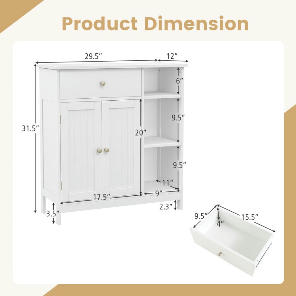 Finihen Storage Cabinet, Floor Cabinet, Freestanding Kitchen Cupboard Storage Organizer with 1 Large Drawer, for Bathroom, Living Room, Bedroom, Kitchen, White