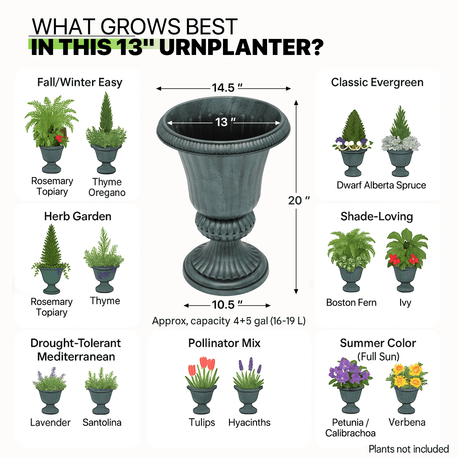 Magshion 20" Urn Planters 2-Pack, Weatherproof Tall Plastic Flower Pots for Indoor/Outdoor Garden Patio Porch Entryway Decor, Dark Green