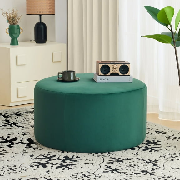 Christopher Knight Home 30" Velvet Upholstered Round Ottoman, Wood Frame, Green
