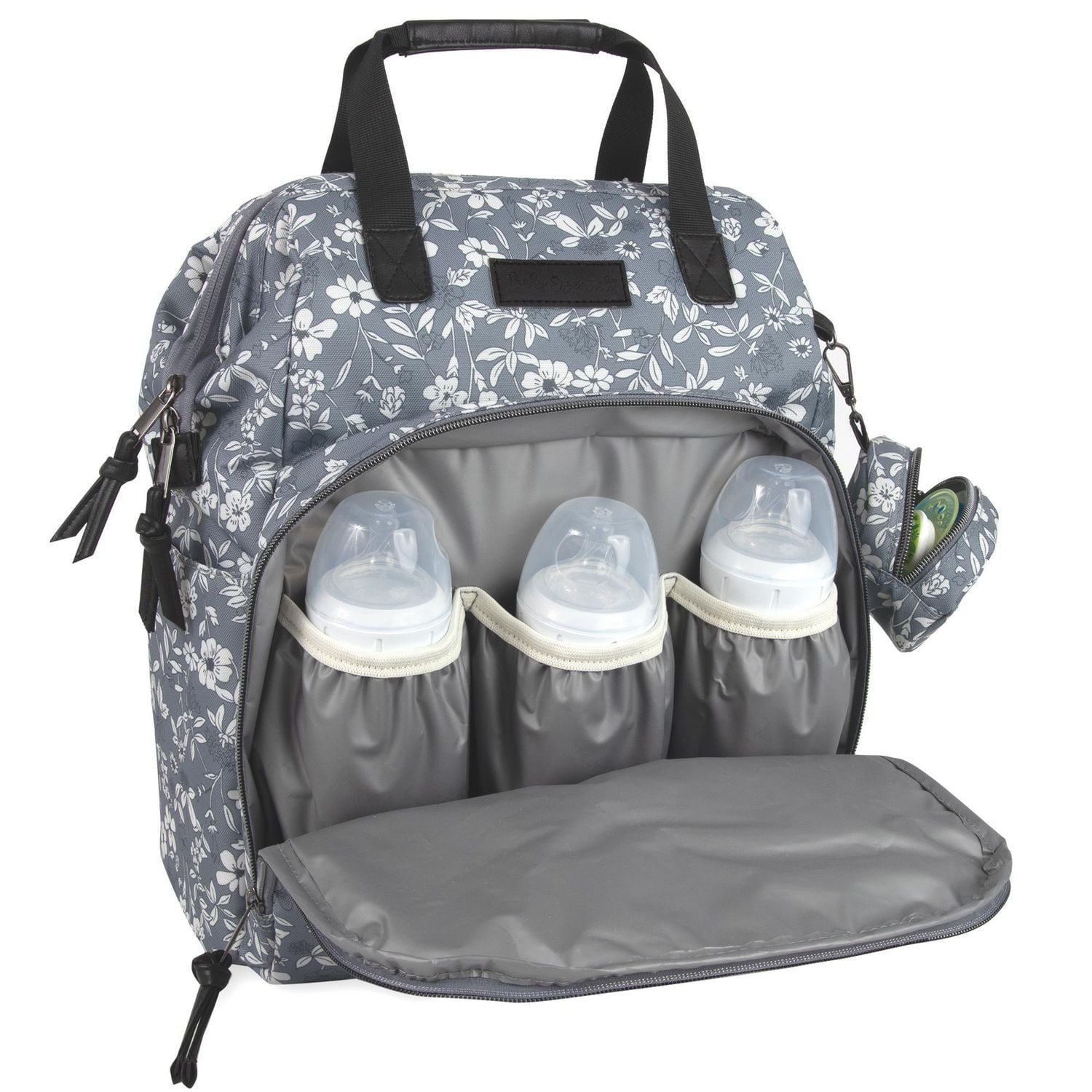 Baby Essentials Super Cooler Main Frame Dual Zipper Closure Diaper Bag Backpack Tote with Matching Changing Pad, Insulated Bottle Pockets, Stroller Straps and Pacifier Pouch in Grey Floral, 11 pockets