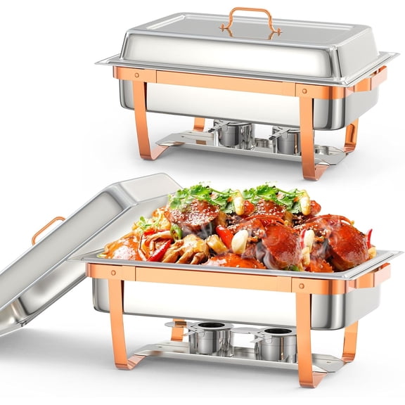 Studyset Chafing Dish Buffet Set, 8QT 2 Pack, Rectangle Chafing Dishes for Buffet w/Lid Holder, Stainless Steel Chafer Food Warmers Servers for Kitchen Party Banquet Dining, Rose Gold