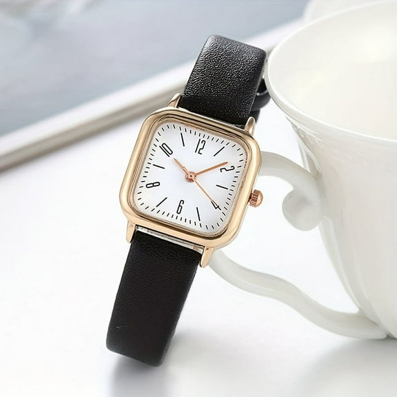 Women's Square Quartz Watch with Leather Strap and Zinc Alloy Case - the perfect combination of stylish and stylish!,Black