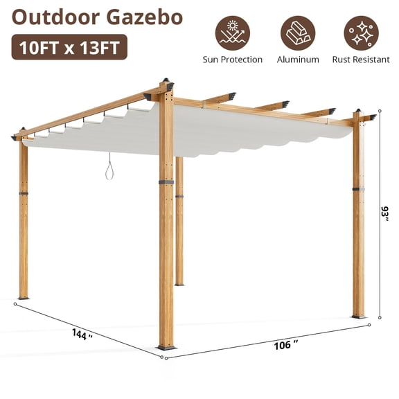 Acekid Aluminum Retractable Pergola 10x13 FT, with Adjustable Sun Shade Canopy, Wood-Grain White