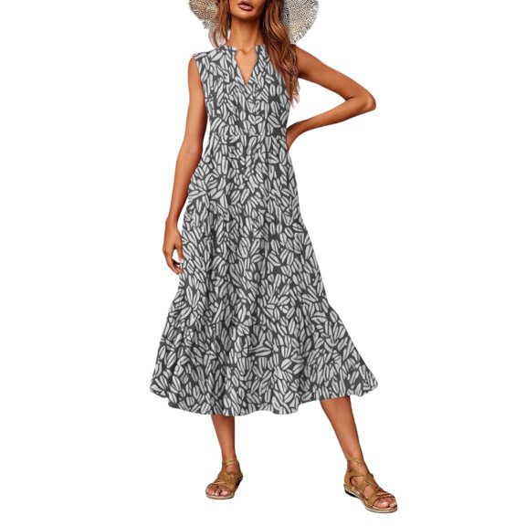 Casual V-Neck Floral Print Sleeveless Midi Dress Women's Summer Boho Dress Lightweight Rayon Blend with Side Slits for Beach Vacation,Gray L