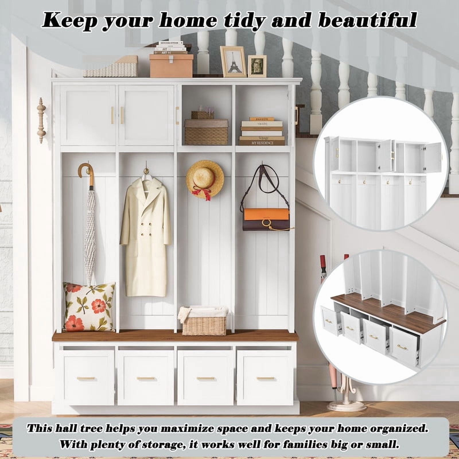 Farmhouse Wooden Entryway Hall Tree with Coat Hooks, Multi-functional Storage Cabinet with Shoe Bench and Drawers