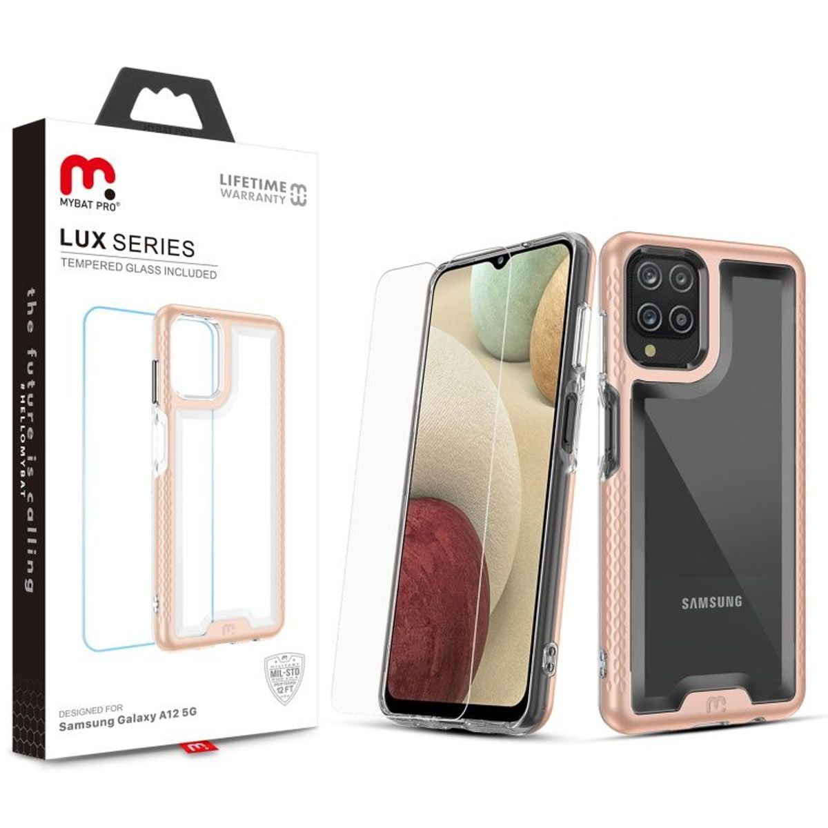 Slim Rose Gold/Transparent Clear Military Grade Protective Smartphone Case with Tempered Glass Screen Protector MyBat Pro Lux Series for iPhone 12 Pro Max 
