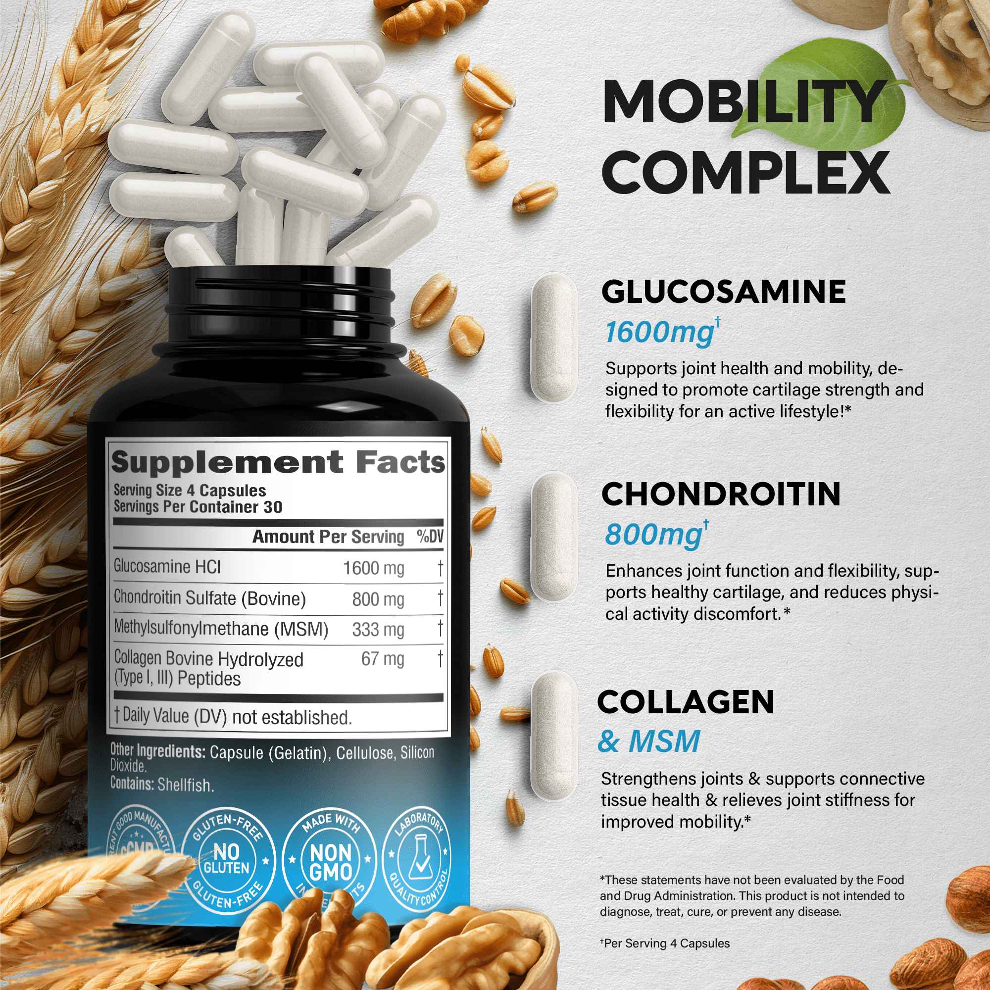 Glucosamine , Chondroitin , MSM , Collagen - 2800 mg Joint Support Supplement - Made in USA - FSA HSA Eligible - Cartilage Health, Mobility & Strength - Flexibility Nutritional Vitamins, 120 Capsules