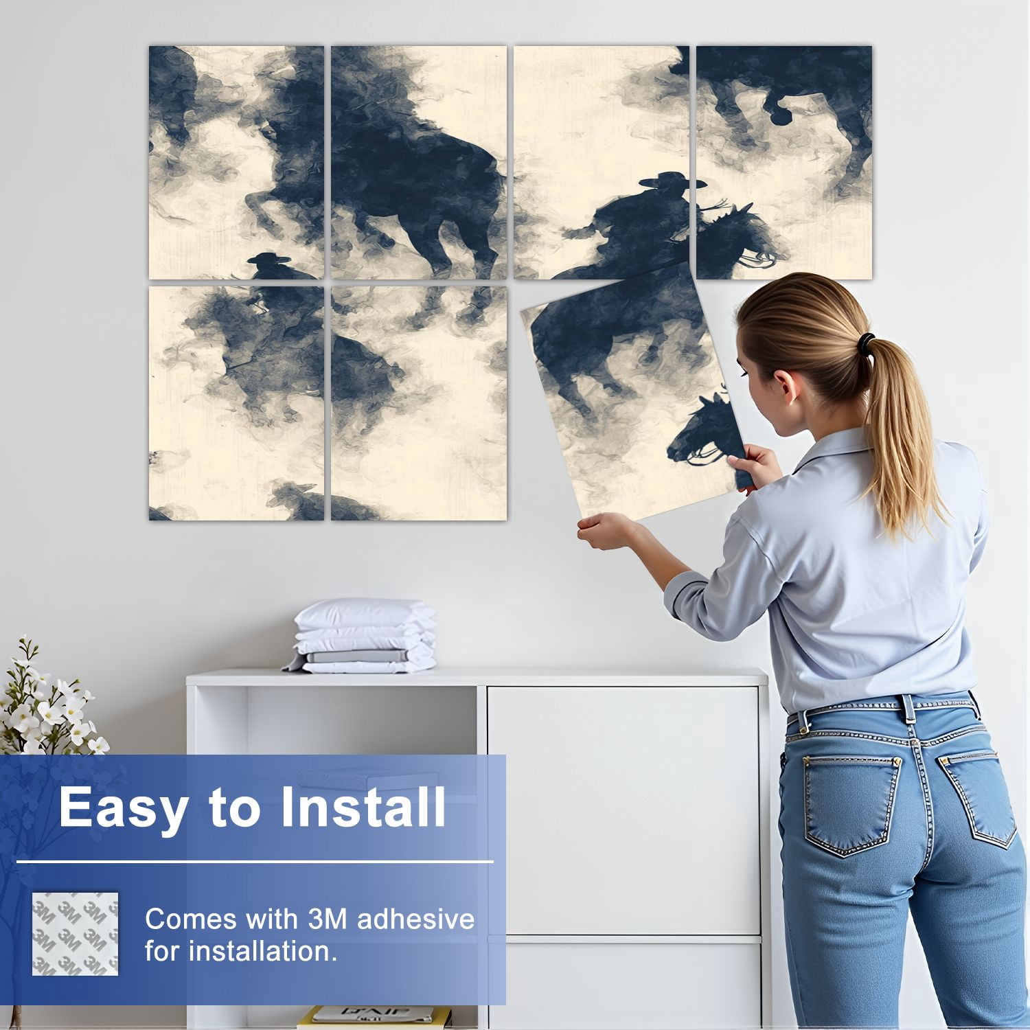 8 Pack Art Acoustic Panels Sound Absorbing Cowboy Riders Misty Desert Decorative Soundproof Wall Panels Self Adhesive for Nursery Game Room Bedroom 48"x32"
