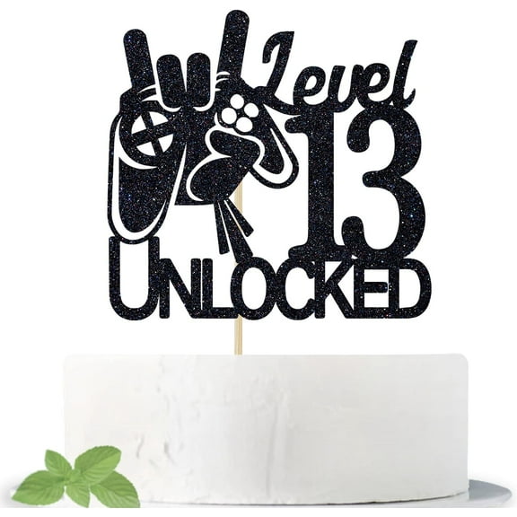 Level 13 Unlocked Game Birthday Cake Topper - Boy's 13th Birthday Cake Decorations - Official Teenager - Video Game Theme Cake Topper - Level Up Winner Party Decoration Supplies, Black Glitter