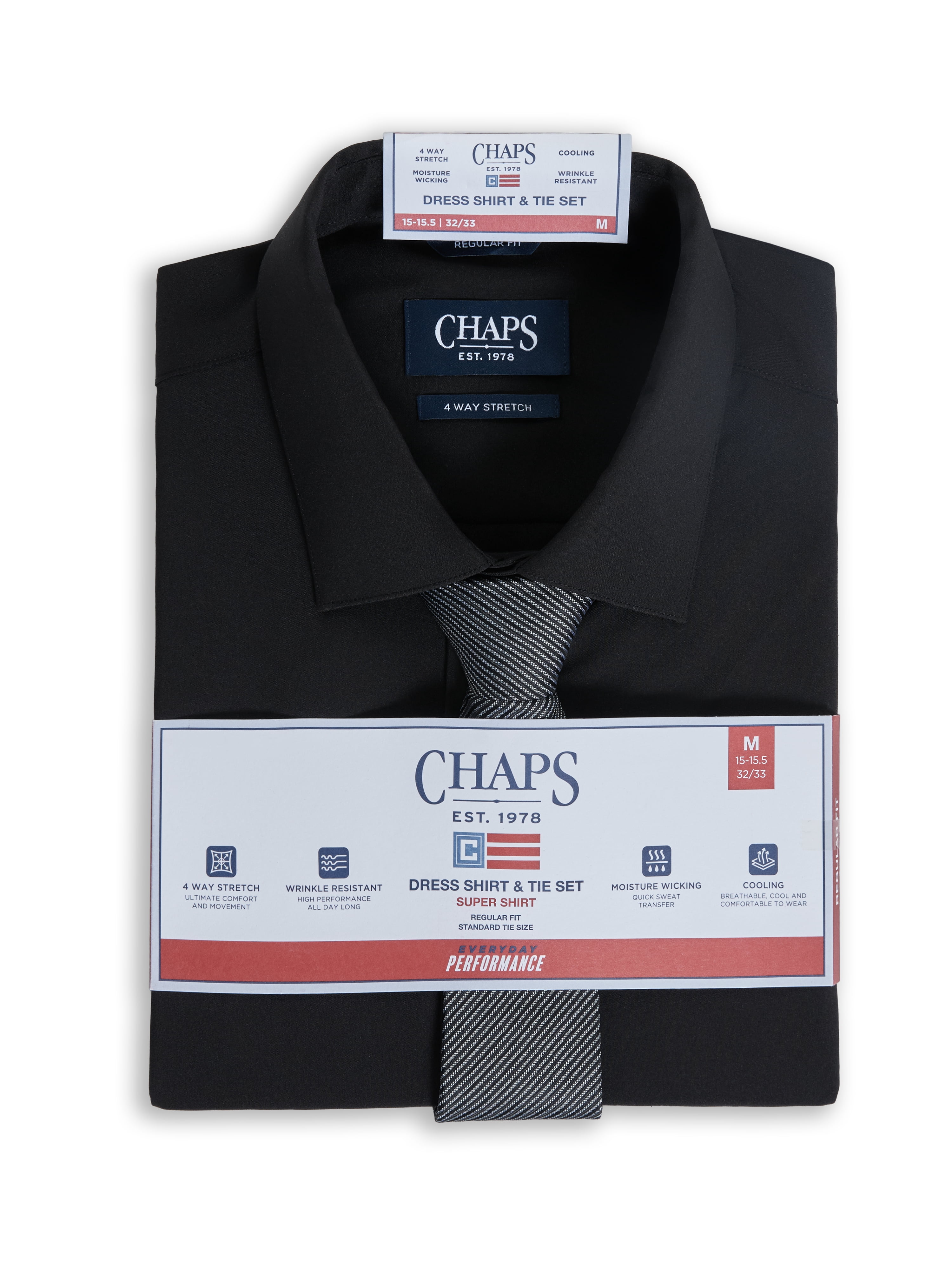 Chaps Men's Shirt and Tie Set, Black Solid / Black Gray Tie, Sizes 14x32-17x34