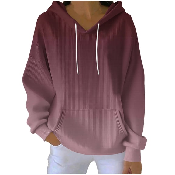 BLCHUNen Hoodies for Women Gradient Color Knitted Sweatshirts Casual Drop Shoulder Drawstring Comfortable Tops,XL,Wine