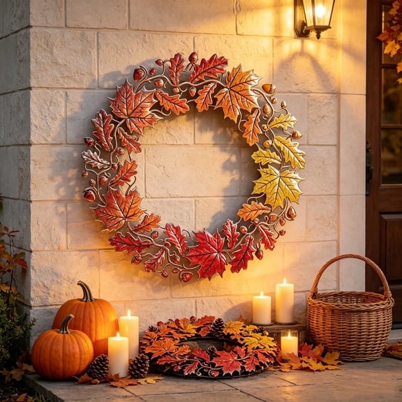 Fall Maple Leaf Metal Wreath, 15.75 Inch Orange Wrought Iron Hanging Ornament, Thanksgiving Garden Door Wall Decor for Porch Mantel Home