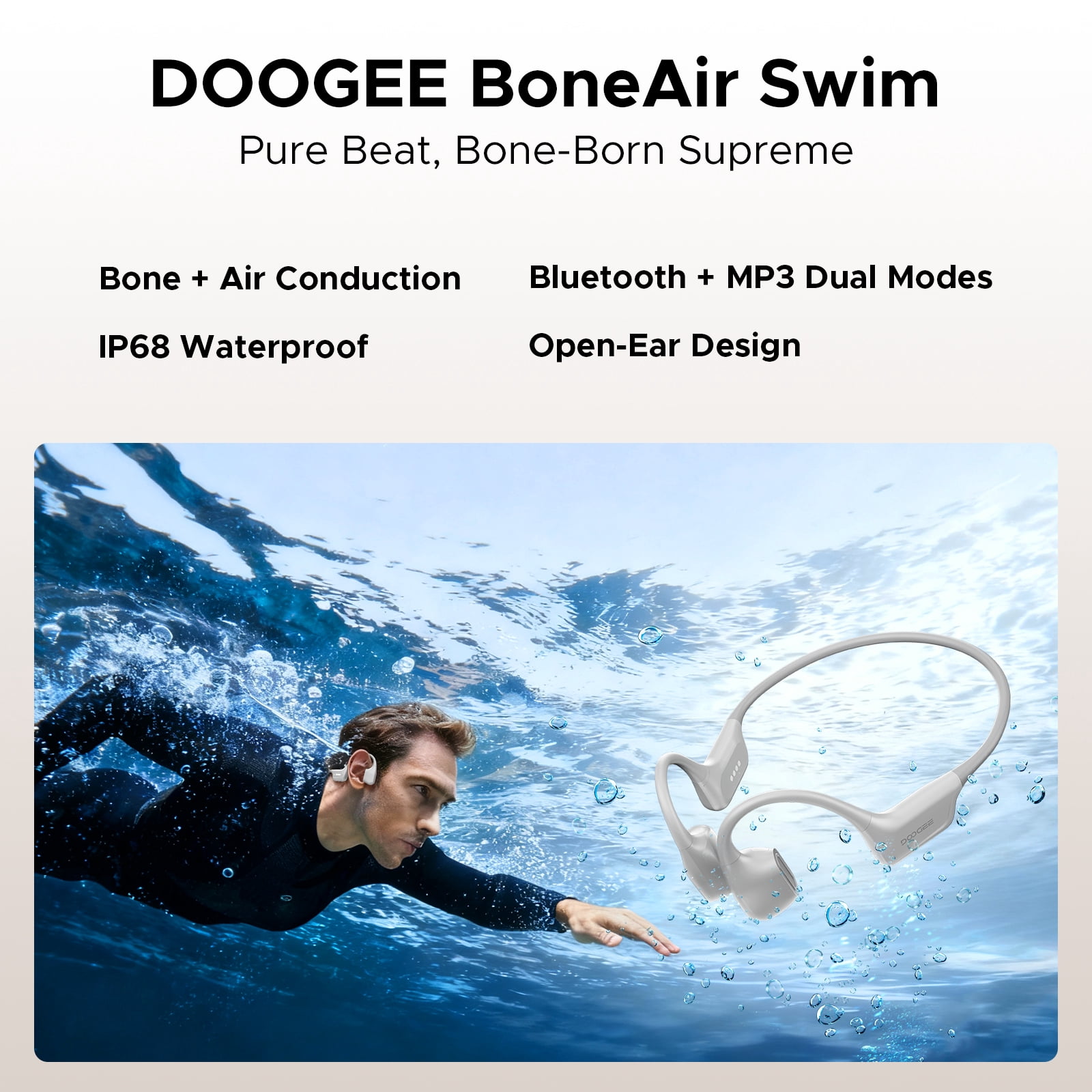 Doogee Bone Conduction Headphone, IP68 Waterproof Swimming Headphones Wireless Bluetooth 5.4, Dual Drivers, Bone Air Conduction, Sport Open-Ear Headphones for Swimming, Running, Cycling