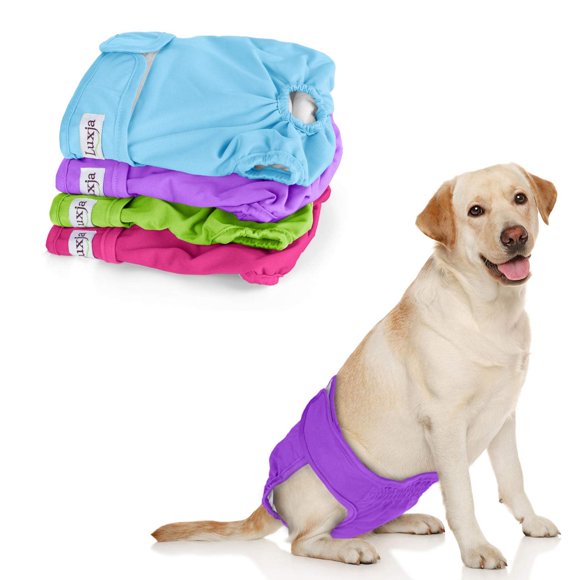 Luxja Couches Réutilisables pour Chien Féminin (Lot de 4), Wraps Lavables pour Chien Féminin (Grand 2, Bleu Ciel+violet+vert+rose Rouge)