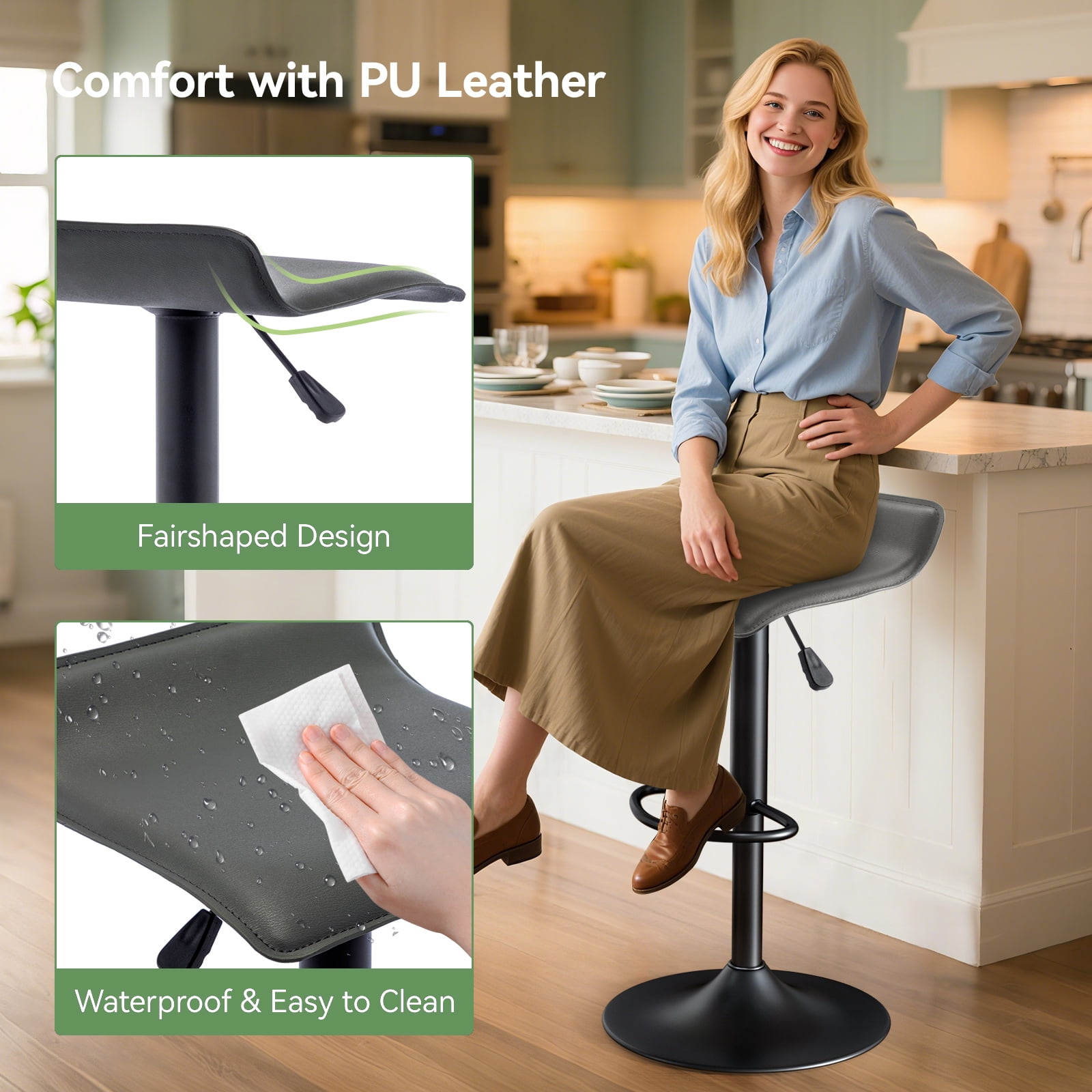Backless Bar Stools Set of 2, 360° Swivel Adjustable Height PU Leather Bar Chairs, Modern Simple Counter Stools for Kitchen Island, Dining, Bar or Café Use (Gray)