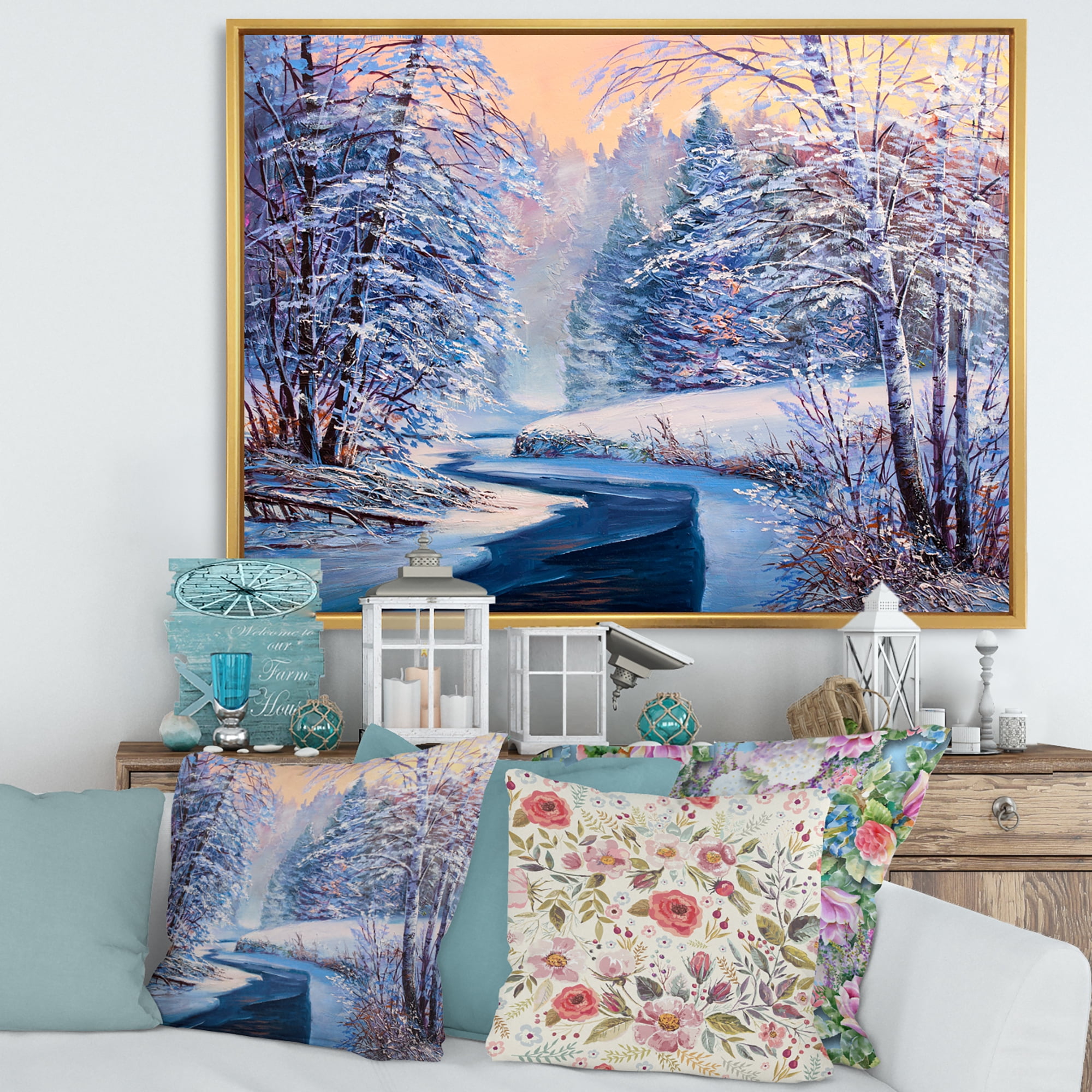 Pastel Winter Forest With River 40 in x 30 in Framed Photography Canvas Art Print, by Designart