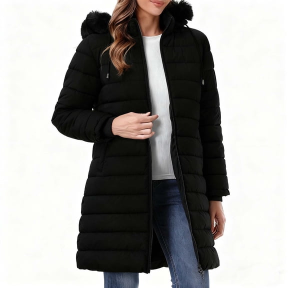 Enjoytime Winter Coats for Women Solid Color Long Sleeve Hooded Zip Up Jackets Fall Fashion Warm Thick Mid Length Outerwear