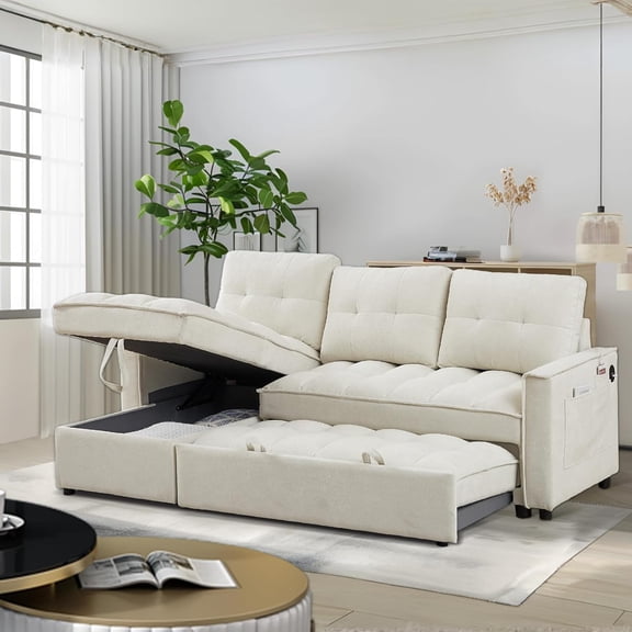 AENKYO 78.75" Reclining Sleeper Sofa with Pull-Out Bed and Built-in Charging Station, 3-Seat Sectional Couch with Cup Holders, Beige