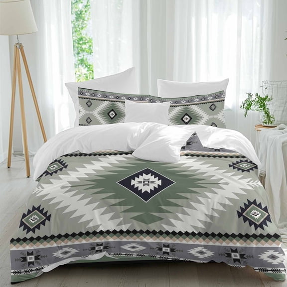 Queen 4 Piece Bedding Set Sage Green Aztec Bohemian Ethnic Soft Breathable Duvet Cover and Pillowcase,Abstract Geometric Duvet Cover Set Washable Bed Sheets for Bedroom Dormitory Guest Room