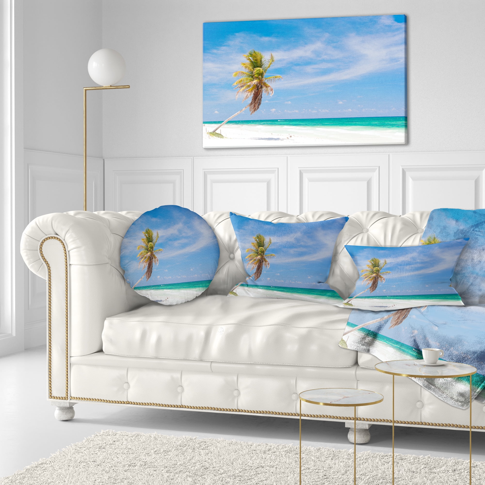 Designart Solitary Coconut Palm at Beach - Seashore Photo Throw Pillow - 12x20