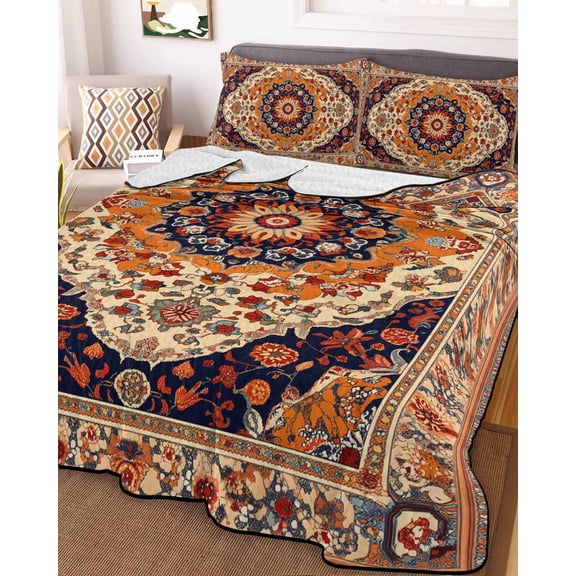 Orange Boho Flower King Size Down Alternative Comforter, Lightweight Comforter Quilt Bedding Set with Pillow Shams Traditional Oriental Tribal Ethnic All Seasons Bed Comforter Duvet Insert 96"x106"