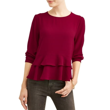 L.N.V Juniors' Ruffle Trim Long Sleeve Blouse