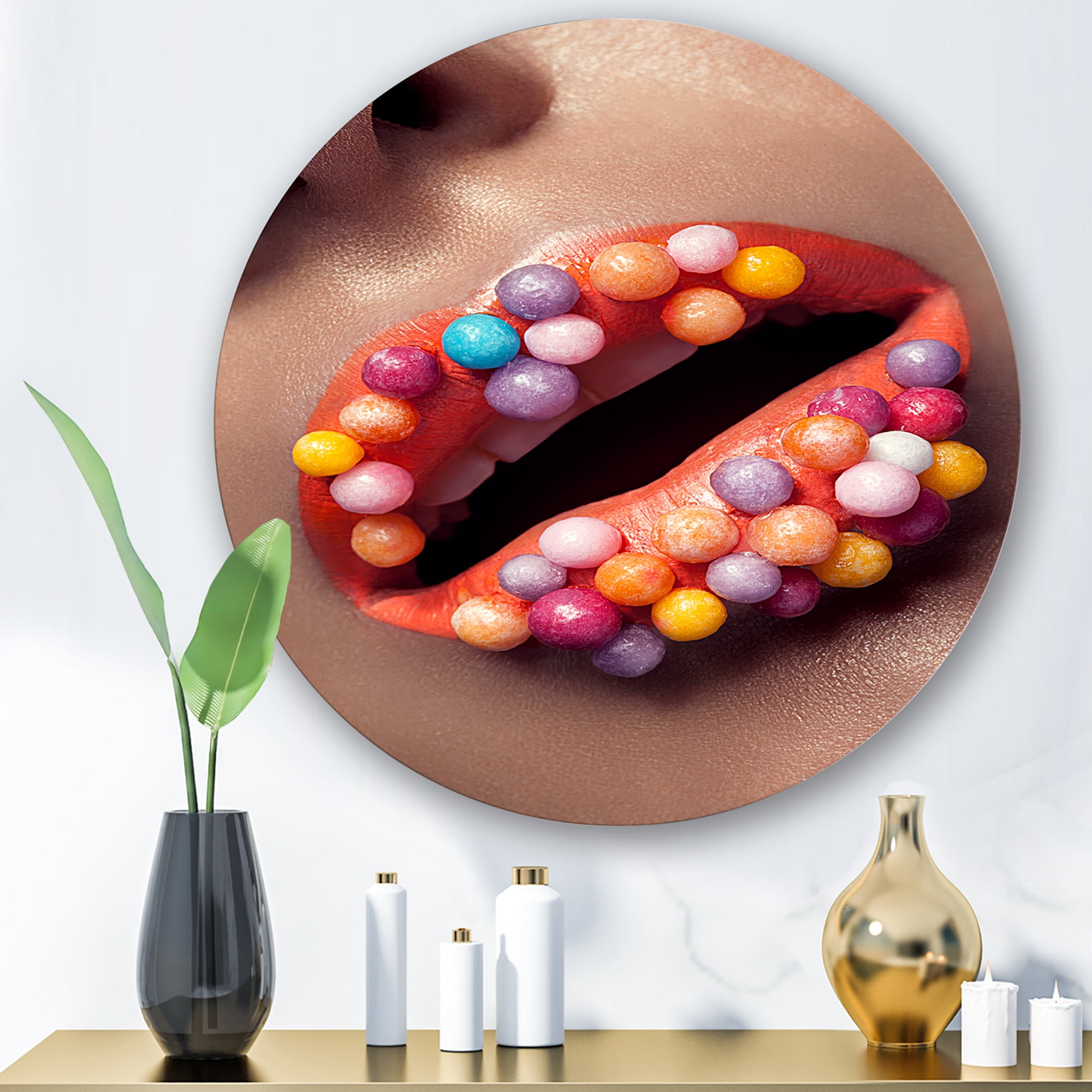 Designart 'Close Up of Creative Make Up On Woman Lips With Lolipops' Modern Circle Metal Wall Art 11x11 - Disc of 11