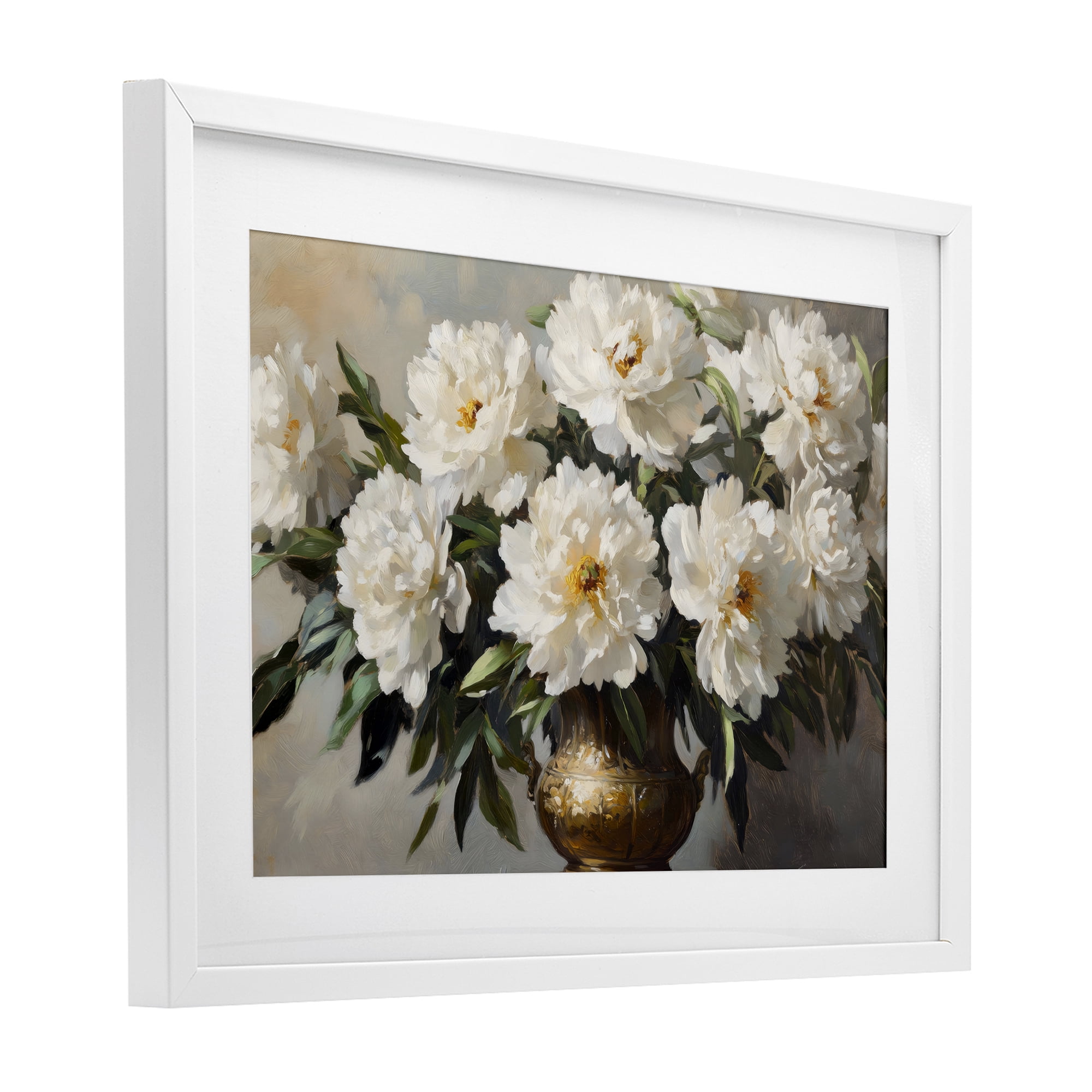 Stupell Industries Golden Vase with Peonies White Framed Print Under Glass, design by Petal Prints Design