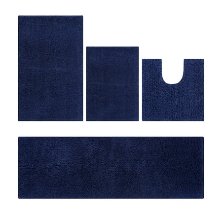 Better Trends 4 Piece Bathroom Rug Set 100% Polyester Bath Rug, Water Absorbent Non-Slip Bath Mat Machine Washable Micro Plush Collection - Navy