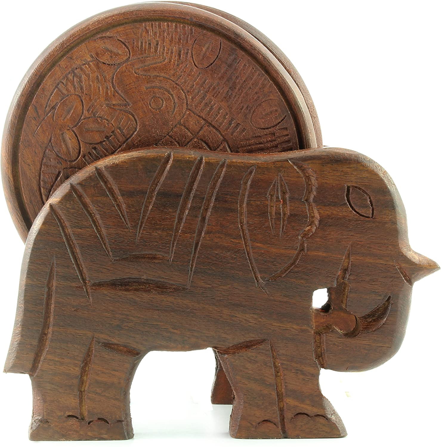 Elephant Design Wooden Coasters With Holder set of 6 Handcrafted 