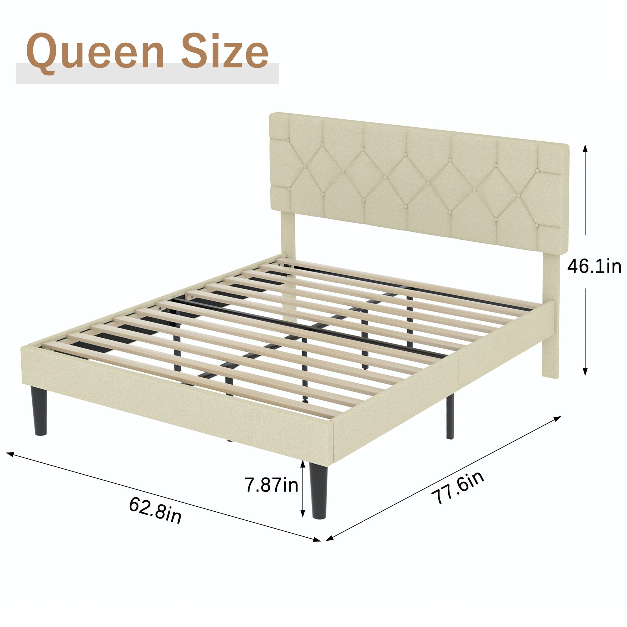 Javlergo Queen Size Bed Frame with Button Tufted Headboard, Upholstered Platform Bedframe with Wood Slat Support, No Box Spring Needed, Beige