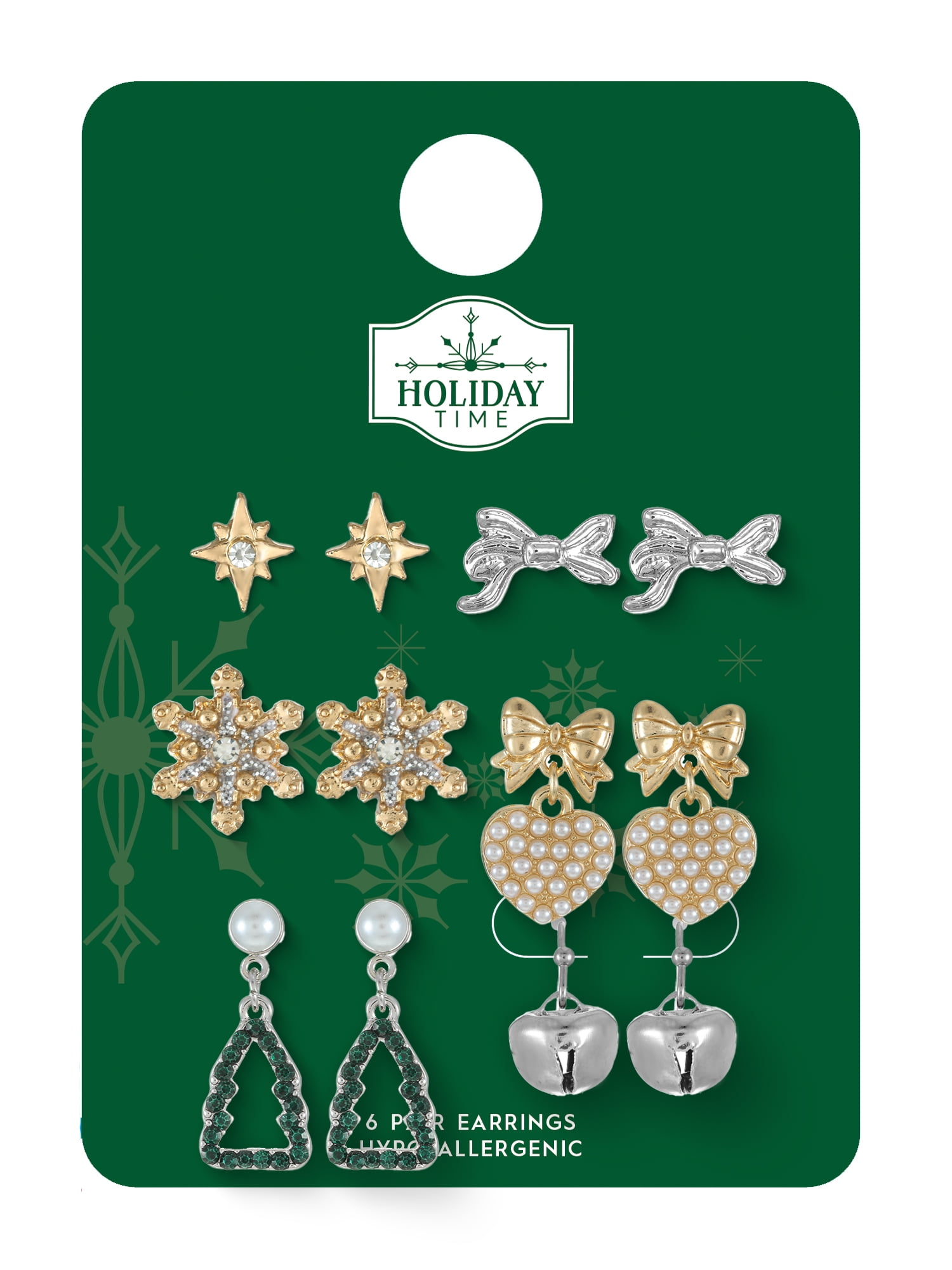Holiday Time Christmas Motifs Earrings, 6 Pairs