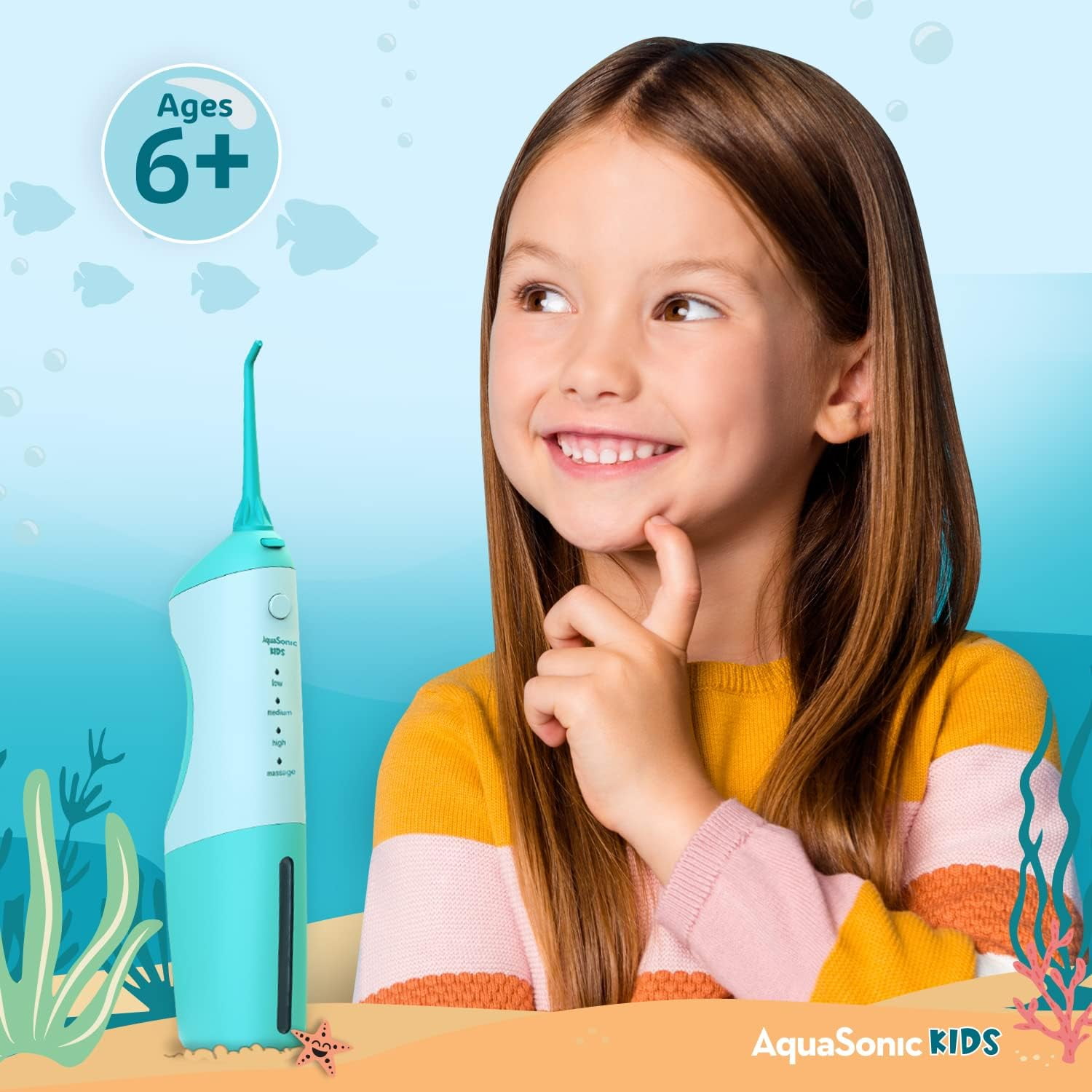 AquaSonic Kids Water Flosser - Aquarium Adventures Theme with Waterproof Stickers (Blue)