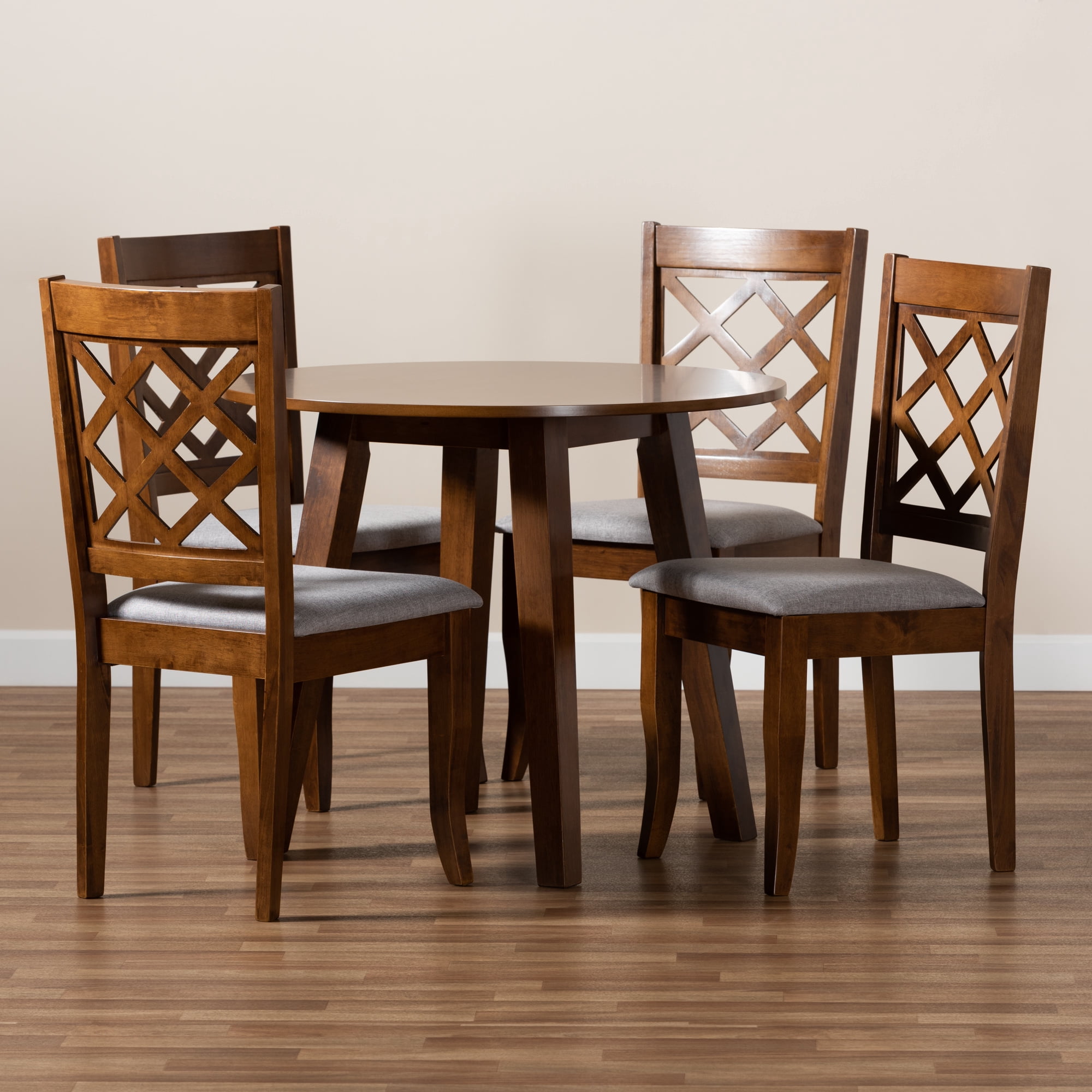 Baxton Studio Adara Modern and Contemporary Grey Fabric Upholstered and Walnut Brown Finished Wood 5-Piece Dining Set