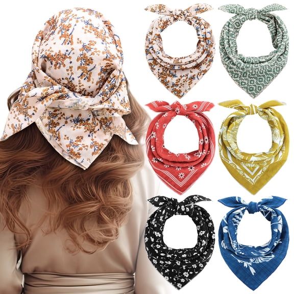 Bocaoying 6 Pack Fashion Head Scarves for Women, Elegant Square Scarves, Multi-Purpose Cotton Bandanas, Floral Scarf Set for Daily Wear, Hair Wrap, or Neck Accessory 22x22 Inches