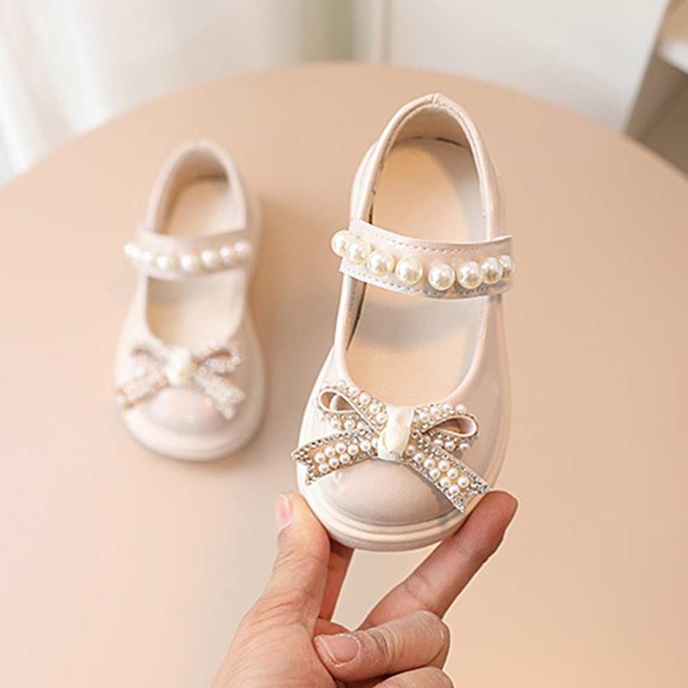 2022 Toddler Girls Pearls Bow Patent Leather Dress Shoes Wedding