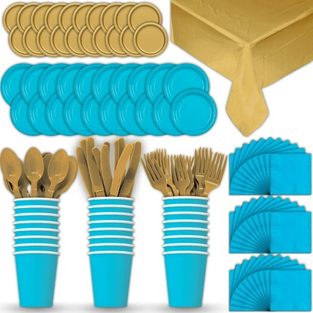 Gold Dinner Knife - Paper Tableware Set for 24 - Turquoise & Gold - Dinner and Dessert Plates, Cups, Napkins, Cutlery (Spoons, Forks, Knives), and Tablecloths - Full Two-Tone Party Supplies Pack