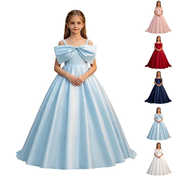 FRSASU Girls Satin Big Bow Flower Spaghetti Strap Maxi Dresses Wedding Pageant Dresses for Girls Princess Pageant formal Dress White