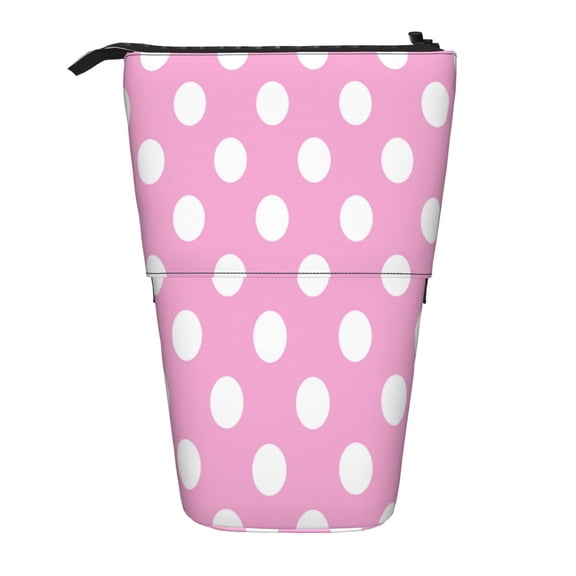 Picia Pink And White Polka Dot Print Telescopic Pencil Case, Telescopic Pen Holder Telescopic Pencil Pouch Bag Stationery Pencil Case Box Storage Organizer Makeup Bag