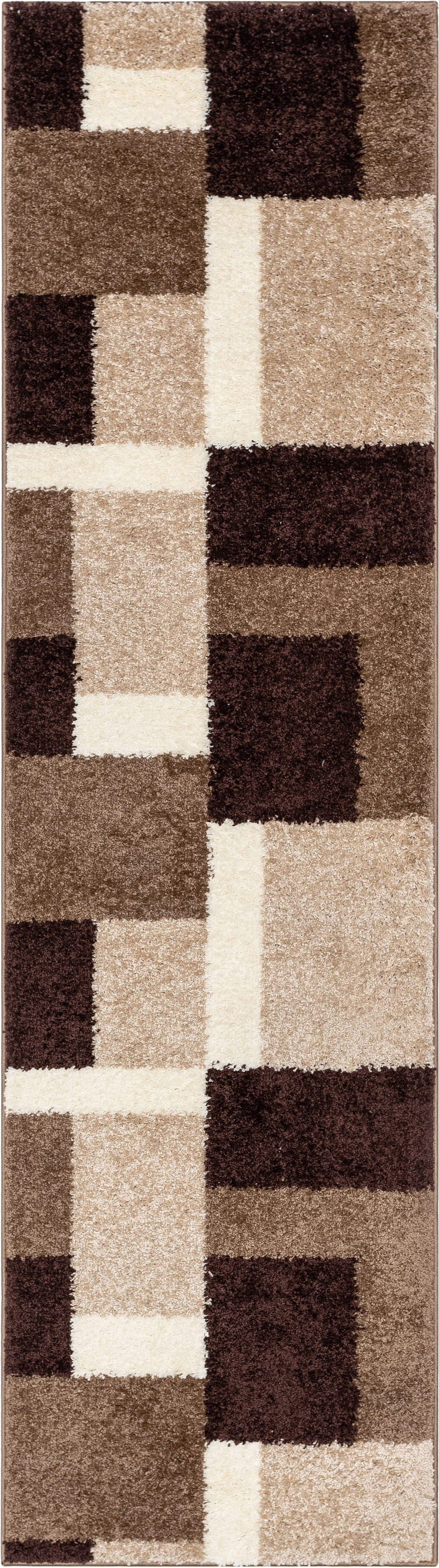 Well Woven Madison Basics Shag 2’7” x 9’10” Runner – Cubes in Beige Brown, Ultra‑Soft 2” Pile, Stain‑Resistant & Easy‑Clean