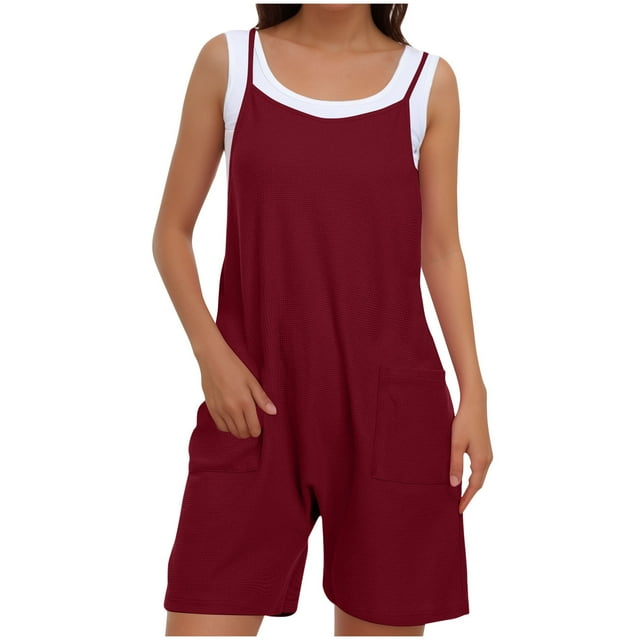 Yanlir 2025 Spring Summer Overalls for Women's Loose Fit Adjustable Straps Bib Jumpsuits Square Neck Wide Leg Solid Color Overalls with Pockets(Wine#2,S)