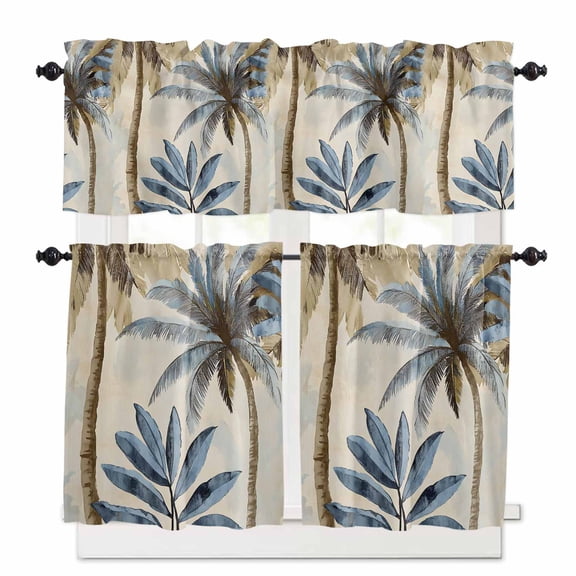 Palm Trees Kitchen Curtains and Valances Set, Nature Vintage Watercolor Tree Rod Pocket Window Valance 18 Inch Window Curtain Panels for Living Room Bedroom Laundry, 27.5x24in, 3 Pieces