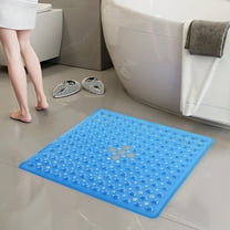 Non-Slip Shower Mat with Suction Cups | 21x21 Inch Large Size Bath Mat | Machine Washable Drainage Design | Modern Style Indoor Outdoor Floor Mat | Blue or Silver