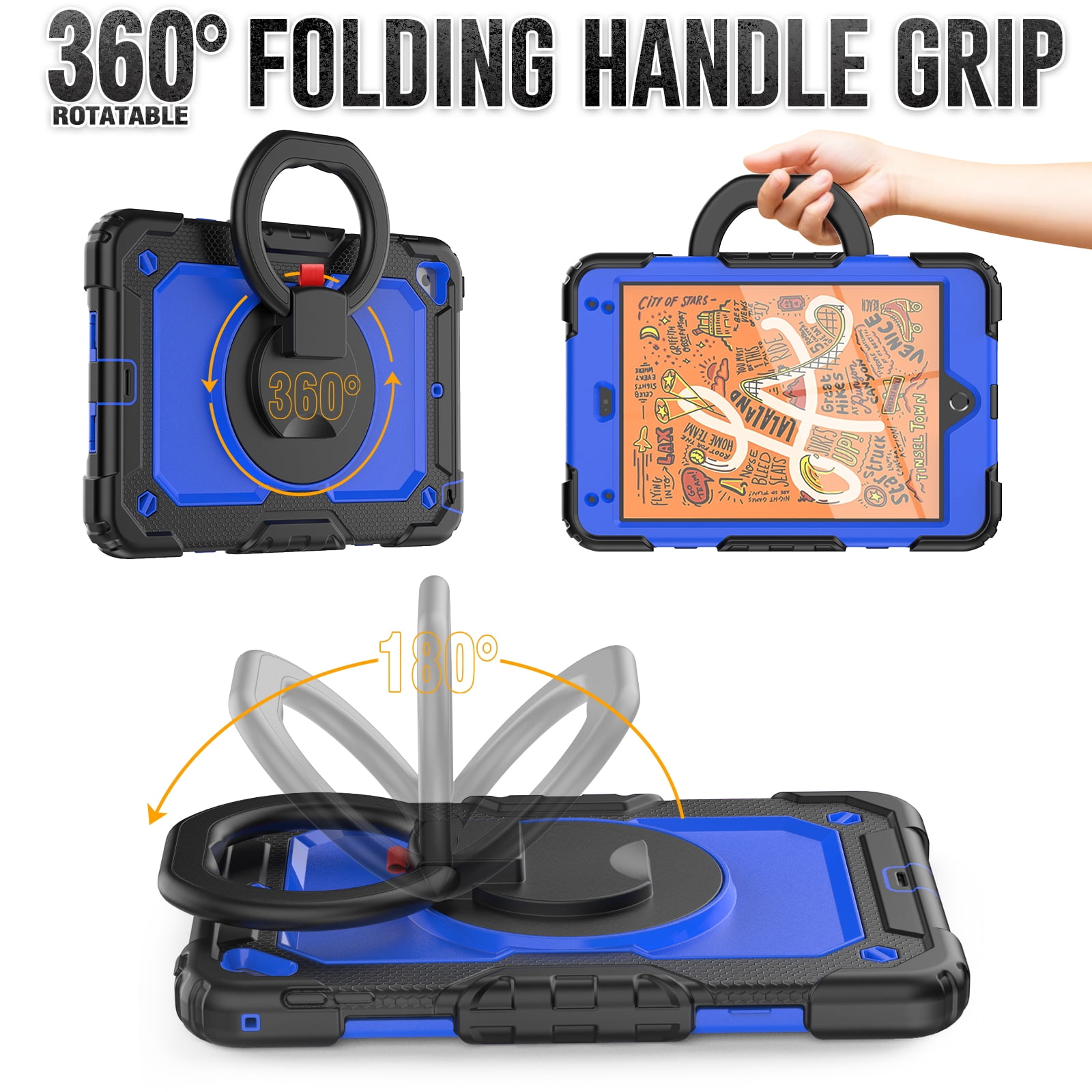 Dteck iPad mini 5 Case / iPad mini 6 Case with Built in Screen Protector, Child Proof Heavy Duty Shockproof Kids Case with Rotating Stand Handle Pencil Holder for iPad mini 5/4 7.9", Black + Blue