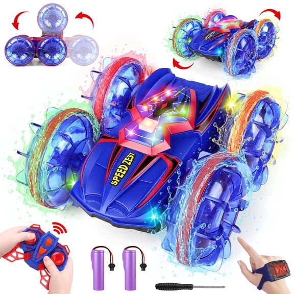 Hot Bee Amphibious RC Stunt Car for Kids, 2.4G Spider-Style Remote Control Car with Gesture Watch, Double-Sided Driving, LED Lights, Waterproof All-Terrain Toy Gift for Boys & Girls