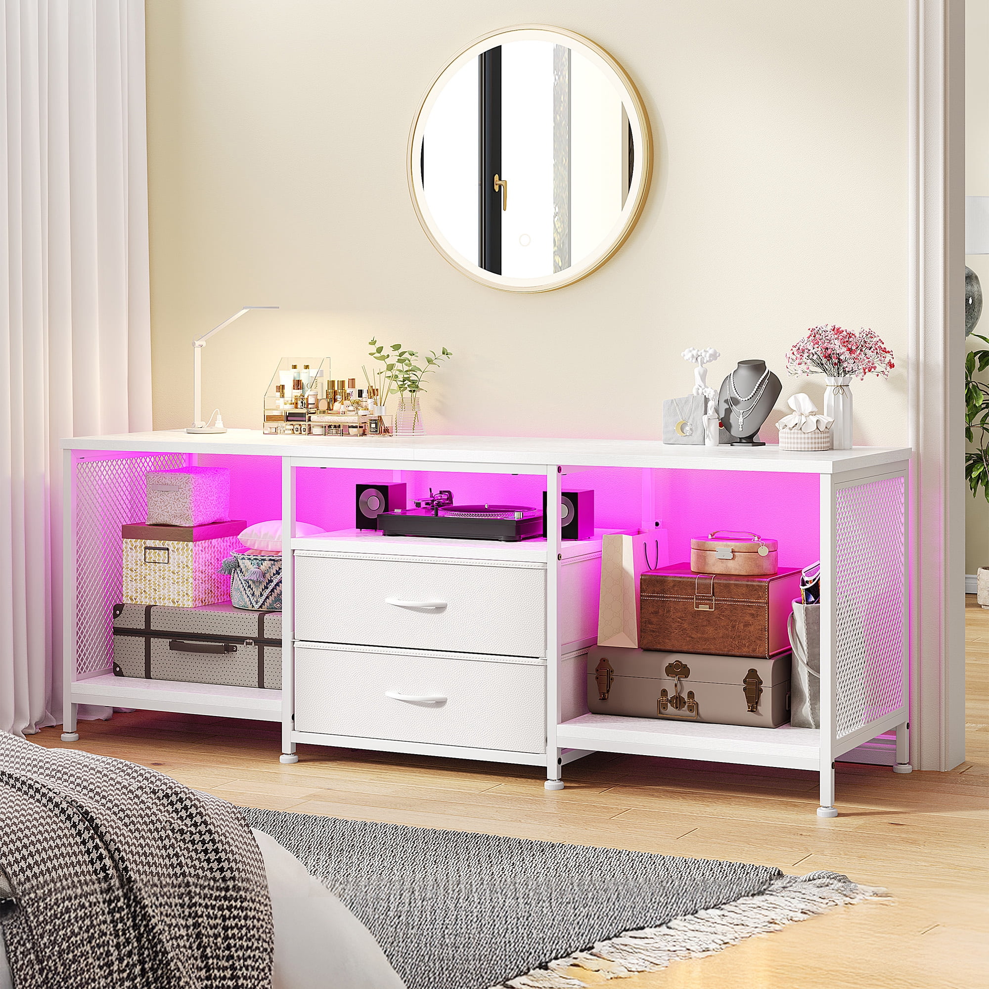 Dresser with Power Outlets & LED Lights Dresser for Bedroom with 2 Drawers TV Stand with Open Storage Shelves,White