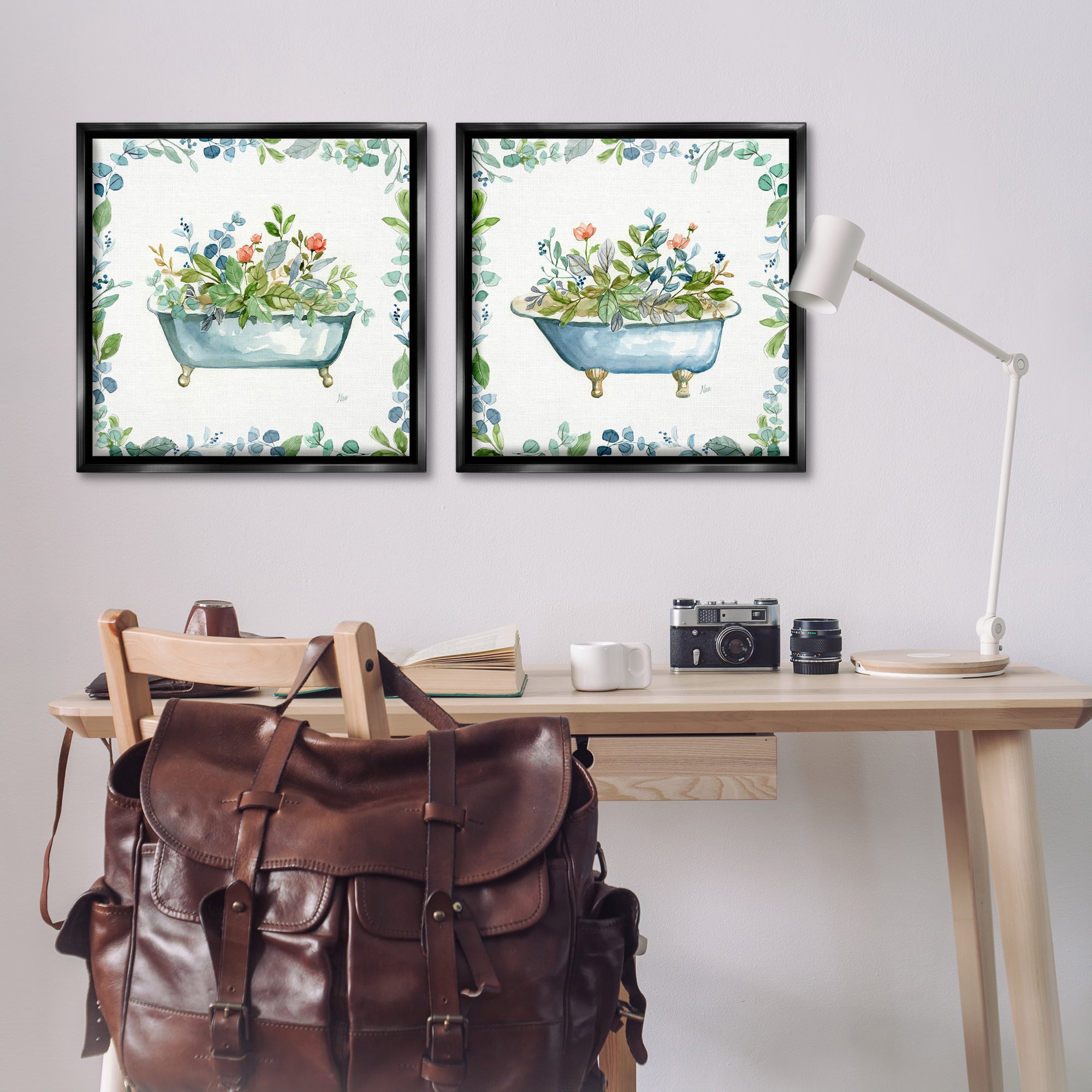 Stupell Industries Charming Flower Filled Tub Bath & Laundry Painting Black Floater Framed Canvas Art Print Wall Art, 25 x 25, Set of 2